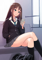  bag brown_hair cardigan cellphone commentary_request crossed_legs female green_eyes hand_in_pocket highres idolmaster idolmaster_cinderella_girls kneehighs long_hair necktie phone photoshop_(medium) pleated_skirt red-p school_bag school_uniform shibuya_rin sitting skirt smartphone socks solo thighs 