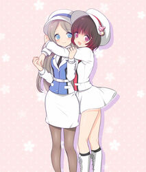  2girls arashigaoka_academy_school_uniform bad_id bad_pixiv_id blue_eyes blush boots brown_hair cabbie_hat hat hug knee_boots kneehighs long_hair looking_at_viewer multiple_girls oerba_yun_fang pantyhose purple_eyes raind school_uniform short_hair silver_hair smile socks tsubaki_kureha yuri yuri_kuma_arashi yurishiro_ginko 