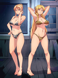  2girls adjusting_hair armpits arms_up bangs barefoot bible_black bikini blonde_hair blue_eyes breasts cleavage discipline drill_hair feet hair_bun hair_ribbon hand_on_hip highres huge_breasts legs long_hair looking_at_viewer morimoto_leona morimoto_reina multiple_girls navel nightmare_express ribbon saeki_kaori serious shiraki_rika standing swimsuit thighs toes window wood 