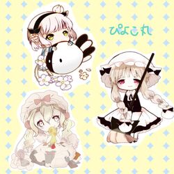  3girls blonde_hair bow braid broom chibi commentary_request eating fal_(mahoiku) food hat highres kyun_(vacaloid) long_hair mahou_shoujo_ikusei_keikaku mahou_shoujo_ikusei_keikaku_limited mahou_shoujo_ikusei_keikaku_restart maid mob_cap mop multiple_girls nokko-chan pink_hair red_eyes short_hair snow_white_(mahoiku) sonia_bean tempura twin_braids twintails yellow_background yellow_eyes 