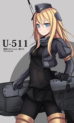  absurdres bad_id bad_pixiv_id blonde_hair blue_eyes character_name clothes_writing female garrison_cap hat highres kantai_collection long_hair military military_uniform sekigan solo u-511_(kancolle) uniform 