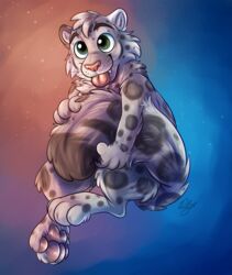  abstract_background ambiguous_gender anthro felid fluffy fluffy_tail happy hi_res holding_tail kieran leopard mammal pantherine pawpads snow_leopard solo tail tail_hug tongue tongue_out waywardmutt 