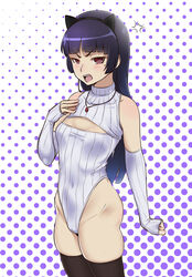  anger_vein animal_ears blaccura black_hair breasts cat_ears cleavage_cutout clothing_cutout commentary_request elbow_gloves female fingerless_gloves gloves gokou_ruri hand_on_own_chest highleg highleg_leotard leotard long_hair meme_attire mole mole_under_eye open-chest_sweater open_mouth ore_no_imouto_ga_konna_ni_kawaii_wake_ga_nai polka_dot polka_dot_background red_eyes ribbed_gloves ribbed_leotard sleeveless sleeveless_turtleneck small_breasts sweater thighhighs turtleneck 