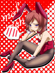  animal_ears blush bow bowtie commentary_request detached_collar female halftone halftone_background head_rest highres love_live! love_live!_school_idol_project nishikino_maki pantyhose playboy_bunny purple_eyes rabbit_ears red_hair shoes short_hair single_shoe sitting solo spoken_blush toron_(mino106) uneven_eyes wrist_cuffs 