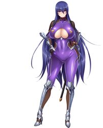  aoi_nagisa_(artist) armor blue_hair bodysuit breasts cleavage cleavage_cutout covered_navel fishnets hand_on_hip japanese_armor kote large_breasts long_hair ninja purple_eyes sheathed taimanin_yukikaze_2 underboob 