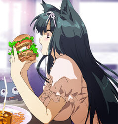  animal_ears black_hair blush breasts burger cat_ears drink drinking_straw eating feline female food french_fries hairband large_breasts long_hair mamecchi neko_no_wakusei open_mouth original profile puffy_short_sleeves puffy_sleeves purple_eyes short_sleeves sitting solo table too_much_burger 