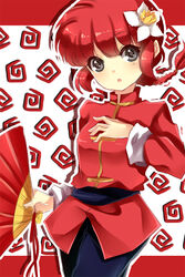  arakunae bad_id bad_pixiv_id blue_eyes braid braided_ponytail breasts chinese_clothes cowboy_shot female flower hair_flower hair_ornament long_hair pants photoshop_(medium) ranma-chan ranma_1/2 red_hair shirt single_braid small_breasts smile solo tangzhuang 