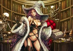  bad_id bad_pixiv_id book bookshelf bottle breasts brown_eyes burunuu_(bullnukko) cleavage cup female hat ladder large_breasts long_hair monocle mortar_(bowl) original panties pestle pink_hair quill robe skeleton solo teacup teapot tray underwear vial witch witch_hat 