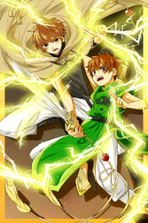  2boys akizuki_buranko bad_id bad_pixiv_id brown_eyes brown_hair cardcaptor_sakura chinese_clothes creator_connection crossover electricity li_syaoran male_focus multiple_boys sword time_paradox tsubasa_chronicle weapon xiaolang yin_yang 