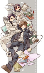  2boys ball blush brown_hair clipboard computer female glasses jacket kodai_mamoru labcoat laptop looking_at_viewer multiple_boys niimi_kaoru paper sanada_shiro sanada_shirou sideburns smile soccer_ball uchuu_senkan_yamato uchuu_senkan_yamato_2199 