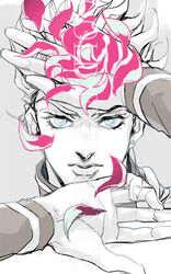  1boy blue_eyes commentary_request giorno_giovanna jojo_no_kimyou_na_bouken kijinkutsu lips male_focus petals photoshop_(medium) solo vento_aureo 