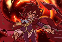  1boy akioakise brown_hair cape clock commentary_request glasses klug_(puyopuyo) male_focus pants puyopuyo puyopuyo_fever red_eyes red_theme shirt smile solo strange_klug 