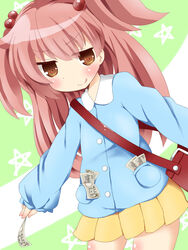  :q bad_id bad_pixiv_id bag blush brown_eyes female hair_bobbles hair_ornament handbag highres kindergarten_uniform lolicon mikane_sebiri money original pink_hair skirt smile solo star_(symbol) tongue tongue_out tsunakanten twintails two_side_up 