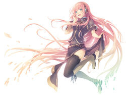  aqua_eyes blush boots commentary female hand_on_own_face headphones long_hair maro_(nikeneko523) megurine_luka midriff navel open_mouth pink_hair skirt skirt_hold smile solo thighhighs very_long_hair vocaloid 