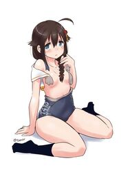  ahoge blue_eyes braid brown_hair commentary_request cosplay female hair_flaps hair_ornament hair_ribbon i-13_(kancolle) i-13_(kancolle)_(cosplay) kantai_collection ribbon sailor_collar school_swimsuit shigure_(kancolle) shigure_kai_ni_(kancolle) single_braid sitting socks solo swimsuit tamu_(mad_works) torn_clothes twitter_username wariza 