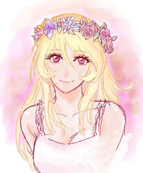  aotan blonde_hair casual contemporary female flower head_wreath long_hair looking_at_viewer mori_yuki rough smile solo uchuu_senkan_yamato uchuu_senkan_yamato_2199 