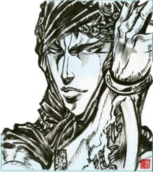  1boy arm_blade ashiya_kouhei battle_tendency commentary_request head_scarf highres jojo_no_kimyou_na_bouken kars_(jojo) lips male_focus marker_(medium) official_style shikishi solo traditional_media weapon 