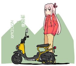  :/ alternate_costume blunt_bangs blush closed_mouth commentary female full_body ground_vehicle hair_ribbon hands_in_pockets honda_takashi_(enorea) honda_zoomer jacket kotonoha_akane long_hair long_sleeves looking_at_viewer motor_vehicle pants pink_hair red_eyes red_jacket red_ribbon ribbon sidelocks solo standing straight_hair translation_request two-tone_background very_long_hair voiceroid yellow_pants zipper 