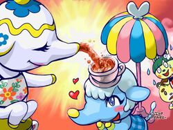  4:3 animal_crossing animate_inanimate anthro bear beverage blue_eyes blush bodily_fluids bottomless bow_(feature) bow_tie chai_(animal_crossing) closed_eyes clothed clothing container cup elephant elephant_toe_hands elephantid female group hair heart_symbol lagomorph leporid long_ears long_hair long_nose looking_up male mammal marty_(animal_crossing) nintendo open_mouth pouring proboscidean rabbit rosy_cheeks round_ears sanrio shirt short_hair sitting smile sora_on standing stare sweat tea teapot tia_(animal_crossing) toby_(animal_crossing) topwear 