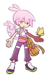  1boy ahoge alternate_color bag bug butterfly cherry commentary_request food fruit full_body ghost heterochromia male_focus mzkn002 o_o official_style outstretched_arms pants pink_eyes pink_hair puyopuyo puyopuyo_fever red_eyes shirt shoes sig_(puyopuyo) smile solo spread_arms transparent_background 