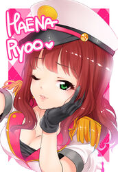  black_gloves breasts character_name cleavage commentary_request epaulettes female gloves green_eyes hand_on_own_cheek hand_on_own_face hat hisayaki_kyuu idolmaster idolmaster_cinderella_girls korean_commentary long_hair medium_breasts one_eye_closed peaked_cap red_hair ryoo_haena solo 