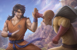  2boys bald black_hair blocking brown_eyes cape commentary_request dragon_ball dragon_ball_z male_focus mountain multiple_boys one-punch_man photoshop_(medium) punching realistic saitama_(one-punch_man) sam_delatore scar smile surprised yamcha 