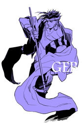  1boy cane cloak commentary_request earrings headband hoop_earrings jewelry jojo_no_kimyou_na_bouken kijinkutsu male_focus monochrome n&#039;doul photoshop_(medium) solo staff stardust_crusaders 