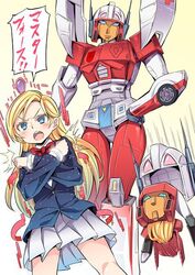  1980s_(style) aqua_eyes armor autobot bad_link blonde_hair blue_eyes female headgear helmet insignia long_hair looking_at_viewer minerva_(transformers) miyao_ryuu open_mouth pose resized retro_artstyle school_uniform skirt solo standing transformation transformers transformers_super-god_masterforce translated 