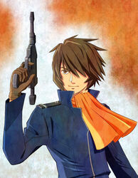  1boy brown_eyes brown_hair gun hair_over_one_eye kodai_susumu male male_focus nicoa7 scarf smile solo uchuu_senkan_yamato uchuu_senkan_yamato_2199 weapon 