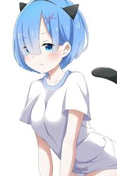  animal_ears aone_hiiro commentary fake_animal_ears fake_tail hair_ornament hairpin looking_at_viewer panties re:zero_kara_hajimeru_isekai_seikatsu rem_(re:zero) shirt short_hair simple_background solo t-shirt tail translation_request underwear white_panties white_shirt 