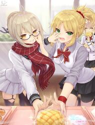  3girls ahoge angry artoria_pendragon_(fate) bike_shorts black-framed_eyewear black_shorts black_skirt black_thighhighs blonde_hair blush bow bowtie braid buffet clenched_teeth collared_shirt commentary_request day eating elbow_gloves expressionless fate/apocrypha fate/grand_order fate/stay_night fate_(series) fighting finger_in_another&#039;s_mouth food foreshortening french_braid fringe_trim glasses gloves green_eyes grey_shirt hair_ornament hair_ribbon hair_scrunchie hand_on_another&#039;s_face highres indoors jitome leaning_forward leg_up long_hair long_sleeves looking_at_viewer mashuu_(neko_no_oyashiro) mordred_(fate) mordred_(fate/apocrypha) multiple_girls mysterious_heroine_x_(fate) mysterious_heroine_x_alter_(fate) open_mouth plaid plaid_scarf pleated_skirt pocket ponytail reaching reaching_towards_viewer red_bow red_bowtie red_scarf ribbon saber_alter scarf school_uniform scrunchie semi-rimless_eyewear shirt shorts shorts_under_skirt skirt standing standing_on_one_leg sweat sweatband sweater_vest teeth thighhighs tray under-rim_eyewear white_skirt window wing_collar wooden_floor yellow_eyes zettai_ryouiki 