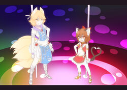  2girls adapted_costume animal_ears blonde_hair brown_hair cat_ears cat_tail chen commentary_request cosplay ear_piercing earrings fox_ears fox_tail hand_on_own_hip high_heels jewelry kitsunetsuki_itsuki looking_at_viewer midriff multiple_girls multiple_tails navel nekomata panty_&amp;_stocking_with_garterbelt panty_(psg) panty_(psg)_(cosplay) parody piercing pole shirt single_earring skirt smile stage stocking_(psg) stocking_(psg)_(cosplay) stripper_pole tail touhou yakumo_ran yellow_eyes 