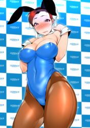  animal_ears bare_shoulders blush breasts brown_hair checkered_background chun-li commentary_request covered_navel cuff_links curvy female large_breasts looking_down md5_mismatch ojo_(dfreak) pantyhose playboy_bunny purple_background rabbit_ears red_eyes short_hair simple_background sofmap_background solo step_and_repeat street_fighter sweatdrop thick_thighs thighs 