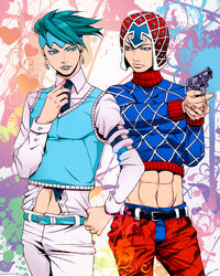  2boys abs argyle_clothes argyle_sweater black_eyes blue_eyes blue_hair blue_lips commentary_request earrings foo-ri-gan guido_mista gun hat headband jewelry jojo_no_kimyou_na_bouken kishibe_rohan lipstick makeup midriff multiple_boys sweater turtleneck weapon 