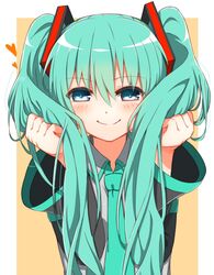  aqua_hair blue_eyes blush border commentary_request female hair_ornament hatsune_miku heart highres long_hair looking_at_viewer necktie orange_background outside_border shiime smile solo twintails vocaloid 