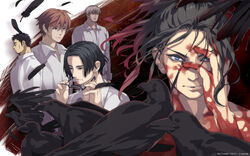  5boys akiyama_hiroyuki alternate_costume animal bird black_eyes black_hair blood blue_eyes brown_hair chest_hair colored_eyelashes company_name copyright_name crow facial_hair feathers fingernails glasses grey_hair hair_between_eyes hair_intakes hamashima_shigeo hand_on_own_face haru_(no_thank_you!!!) highres inui_kouichi jungle_crow kurosawa_ryuu looking_at_viewer looking_down maki_(no_thank_you!!!) male_focus multiple_boys no_thank_you!!!_(visual_novel) official_art official_wallpaper photoshop_(medium) ponytail removing_eyewear serious stubble wind 