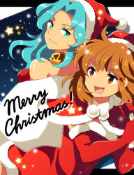  2girls arle_nadja blue_hair brown_eyes brown_hair christmas commentary_request elbow_gloves gloves green_eyes hat hitopm long_hair merry_christmas multiple_girls pom_pom_(clothes) puyopuyo red_gloves rulue_(puyopuyo) santa_hat shawl short_hair skirt smile 