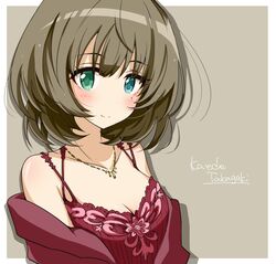  bad_id bad_pixiv_id bare_shoulders blue_eyes blush breasts brown_hair character_name cleavage collarbone female green_eyes green_hair grey_background heterochromia idolmaster idolmaster_cinderella_girls jewelry looking_at_viewer medium_breasts mole mole_under_eye necklace short_hair silhouette smile solo syno takagaki_kaede upper_body 