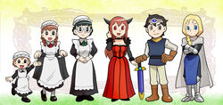  1boy 5girls apron big_sister_maid_(maoyuu) cape commentary_request crossed_arms curtsey doraemon dress framed fujiko_f_fujio_(style) full_body gloves hat headmaid_(maoyuu) lineup maid maid_headdress maid_imouto_(maoyuu) maou_(maoyuu) maoyuu_maou_yuusha multiple_girls onna_kishi_(maoyuu) parody red_dress skirt_hold standing style_parody sword ueyama_michirou weapon yuusha_(maoyuu) 