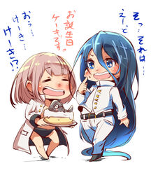  2girls absurdly_long_hair ajimu_kaede blue_eyes blue_hair borrowed_character cake commentary_request female_admiral_(kancolle) food gradient_hair i-class_destroyer kantai_collection long_hair mataichi_mataro multicolored_hair multiple_girls narumi_tsuyu short_hair translated very_long_hair 