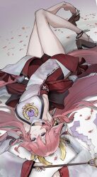  absurdres animal_ears armpits breasts detached_sleeves female floppy_ears fox_ears fox_tail genshin_impact gohei high_heels highres holding holding_gohei huinjebi japanese_clothes large_breasts long_hair looking_at_viewer lying on_back on_ground pink_hair purple_eyes red_skirt shirt sideboob skirt solo tail thighs very_long_hair white_shirt wide_sleeves yae_miko 