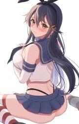  absurdres ass black_hair black_hairband black_neckerchief black_panties blue_sailor_collar blue_skirt blush breasts brown_eyes closed_mouth cosplay crop_top elbow_gloves embarrassed female from_behind gloves hair_between_eyes hair_ornament hairband hairclip haruna_(kancolle) highleg highleg_panties highres horizontal-striped_thighhighs kantai_collection large_breasts long_hair looking_at_viewer looking_back microskirt natsume_(natsume_melio) neckerchief panties pleated_skirt sailor_collar shimakaze_(kancolle) shimakaze_(kancolle)_(cosplay) sideboob sitting skirt solo striped_clothes striped_thighhighs thighhighs thong underwear wariza white_background white_gloves 