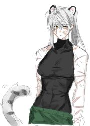  0820_lakia bare_arms bare_shoulders black_shirt blush breasts closed_mouth commentary_request female green_pants grey_hair korean_commentary long_hair looking_at_viewer medium_breasts original pants scar scar_across_eye scar_on_arm shirt simple_background snow_leopard_ears snow_leopard_tail solo upper_body white_background yellow_eyes 