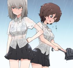  2girls akaboshi_koume black_bra black_skirt black_sports_bra blue_eyes blush bra breasts brown_hair closed_mouth girls_und_panzer hand_on_own_hip itsumi_erika kuromorimine_school_uniform large_breasts medium_hair miniskirt monolith_(suibou_souko) multiple_girls one_eye_closed open_mouth outdoors rain school_uniform see-through short_hair skirt sky smile sports_bra umbrella underwear wet wet_clothes white_hair 