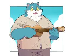  2024 anthro black_nose bottomwear canid canine canis closed_eyes clothing cloud domestic_dog hi_res inunoshippo kemono lute male mammal musical_instrument overweight overweight_male pants plucked_string_instrument shirt solo string_instrument topwear ukulele 