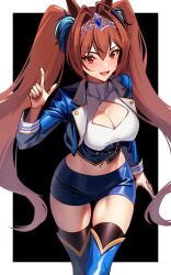  animal_ears black_thighhighs blue_jacket blue_shorts blue_thighhighs blush breasts brown_hair cleavage cleavage_cutout clothing_cutout corset crop_top cropped_jacket daiwa_scarlet_(umamusume) female hair_intakes highres horse_ears horse_girl jacket large_breasts long_hair long_sleeves looking_at_viewer midriff navel open_mouth race_queen red_eyes shirt short_shorts shorts smile solo thighhighs thighs tiara twintails umamusume very_long_hair volyz white_shirt 