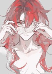  1boy argenti_(honkai:_star_rail) curtained_hair green_eyes grey_background hair_between_eyes hands_up highres holding holding_blindfold honkai:_star_rail honkai_(series) lace lace-trimmed_blindfold long_hair looking_at_viewer male_focus parted_lips red_hair red_pupils simple_background solo straight-on topless_male user_hh760844914253 wavy_hair white_blindfold 