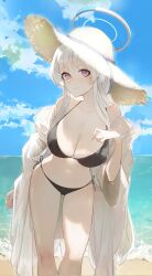  arm_behind_back bare_shoulders beach bikini black_bikini blue_archive blue_sky blush breasts cleavage cloud coat coat_partially_removed collarbone day female halo hands_on_own_breasts hat highres huinjebi large_breasts long_hair looking_at_viewer mechanical_halo noa_(blue_archive) ocean off_shoulder open_clothes open_coat outdoors purple_eyes sand shaded_face sidelocks sky solo straw_hat sun_hat swimsuit very_long_hair water waves wet white_coat white_hair white_halo 