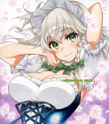  arms_behind_head arms_up blush breasts chacham cleavage closed_mouth cross-laced_clothes female green_eyes grey_hair hashtag-only_commentary izayoi_sakuya large_breasts looking_at_viewer maid maid_headdress medium_hair short_sleeves smile solo touhou twitter_username upper_body 