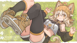  :3 absurdres animal_ear_fluff animal_ears animal_print arms_up asymmetrical_legwear bare_shoulders belt black_thighhighs blonde_hair breasts brown_eyes brown_shorts colored_tips commission crop_top crop_top_overhang cropped_hoodie dog_ears dog_girl female flower full_body grass hair_ornament highres hood hoodie izayoi_cha legs_up lying midriff multicolored_hair navel on_back on_grass on_ground original pigeon-toed shiba_inu shoelaces shoes shorts skeb_commission solo star_(symbol) star_hair_ornament tail thighhighs two-tone_hair underboob v white_flower white_hair yellow_eyes zettai_ryouiki 